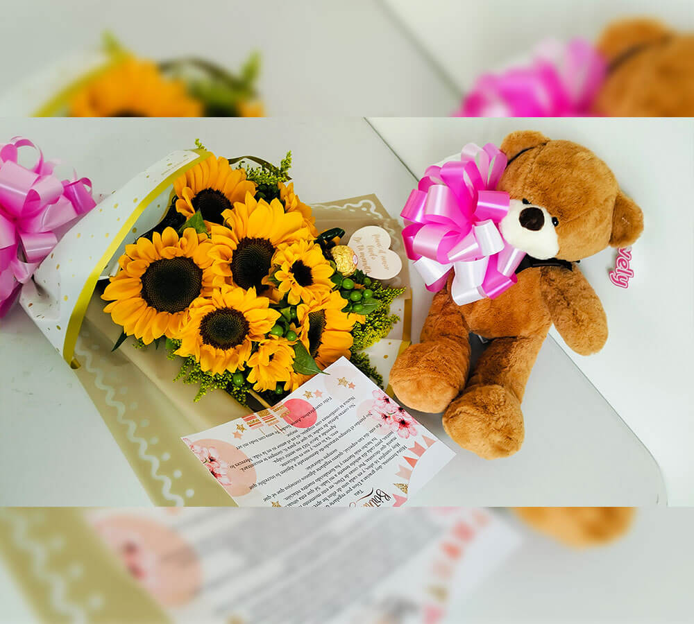 Bouquet girasoles con osito
